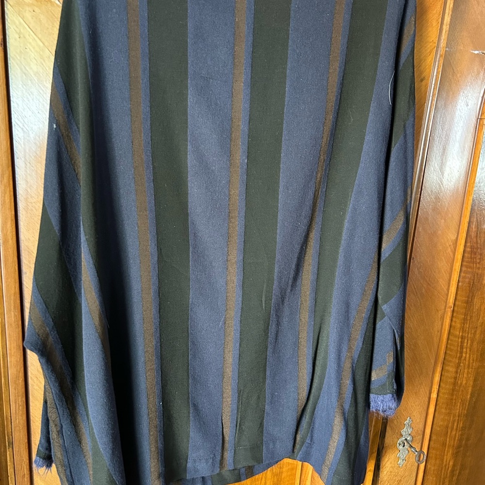 Ottod Ame Wool Striped Black /Brown/Navy fringed sleeve edge sz XL